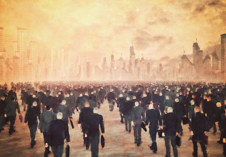 Army of businessmen zombies walking into the corporate city