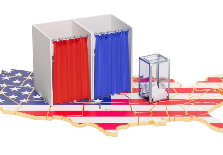American election concept, ballot box with voting booths on map of the USA. 3D rendering isolated on white background